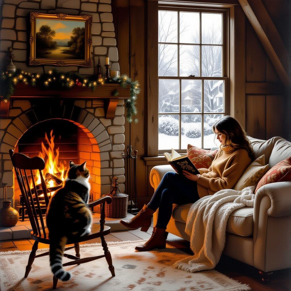 Cozy Fireside Reading Scene in Classic Oil Painting Style