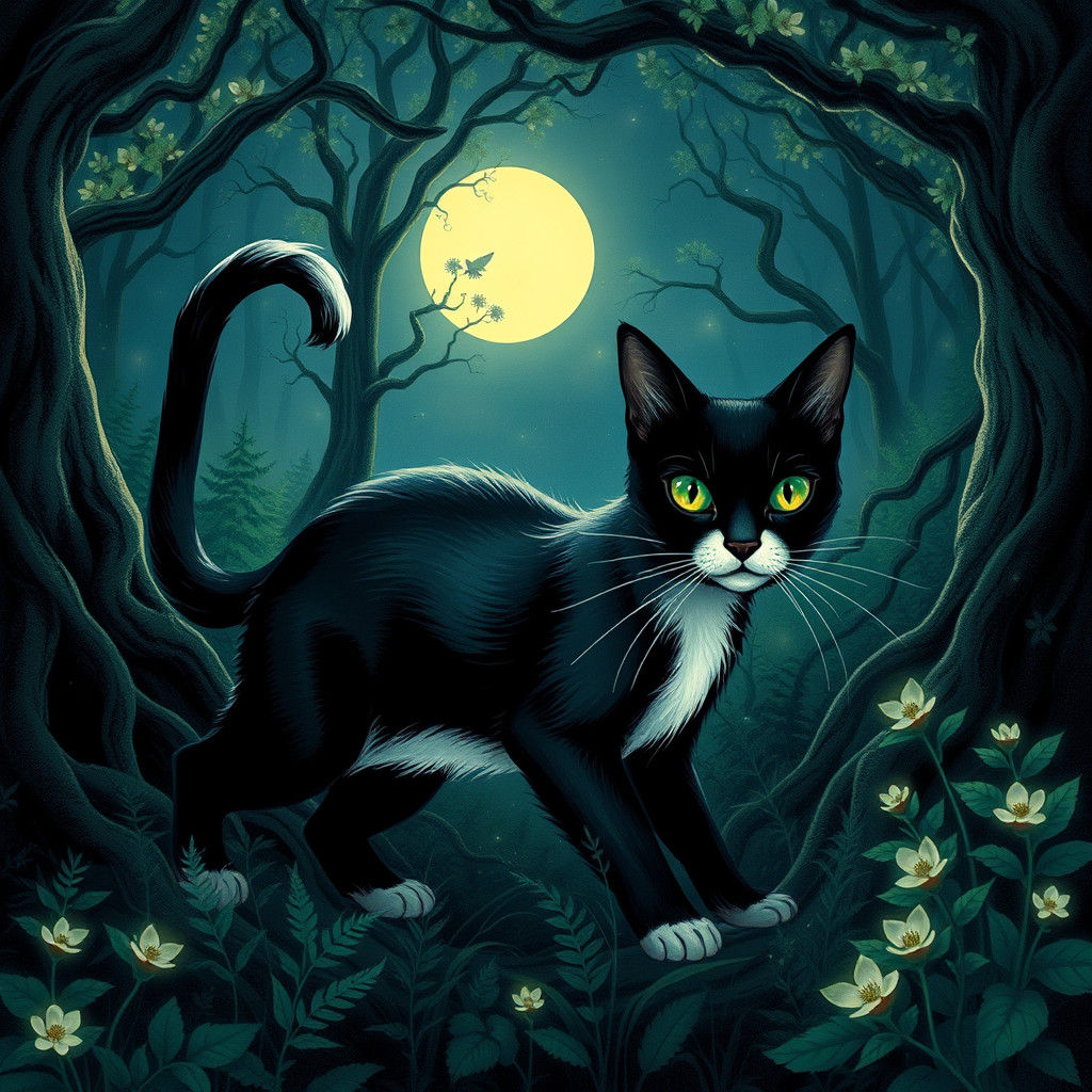 Black Cat Prowls in Moonlit Mystical Forest