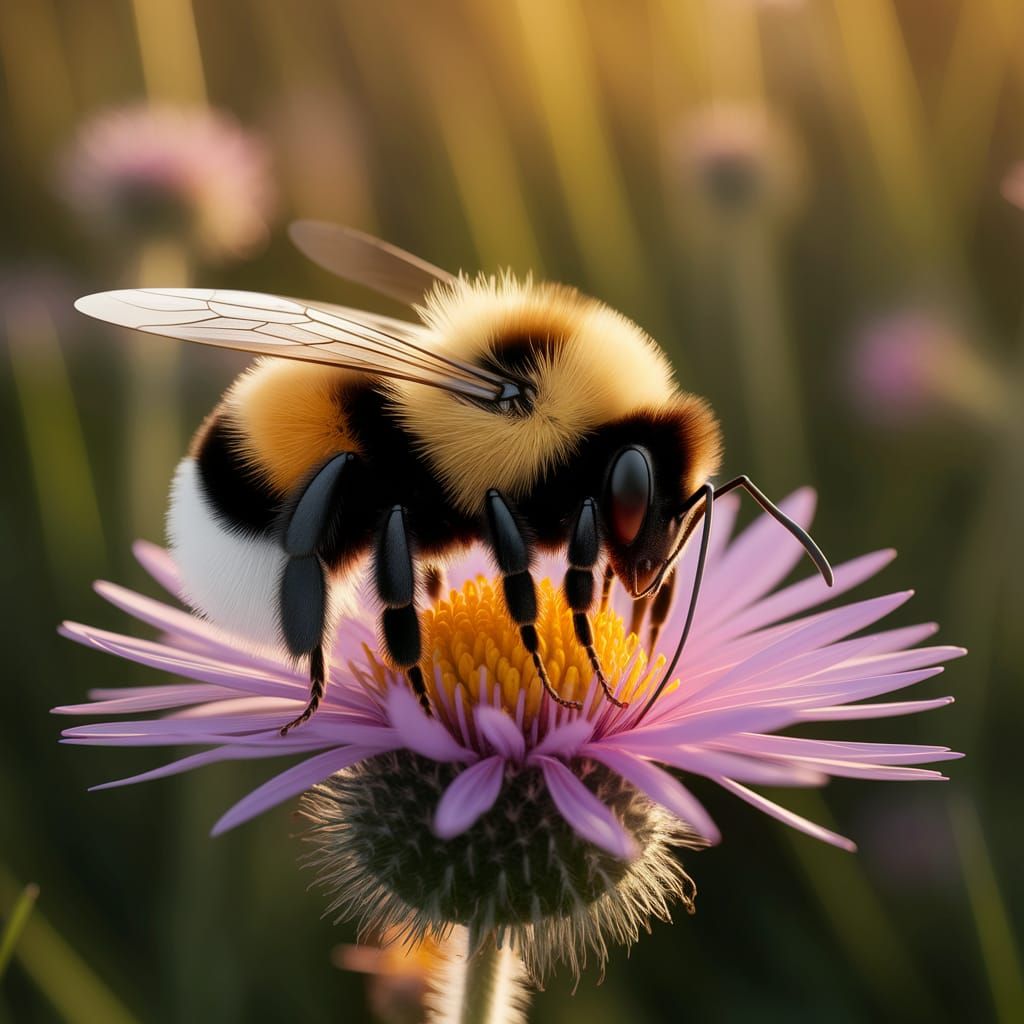 Golden Bumblebee Resting on Purple Flower