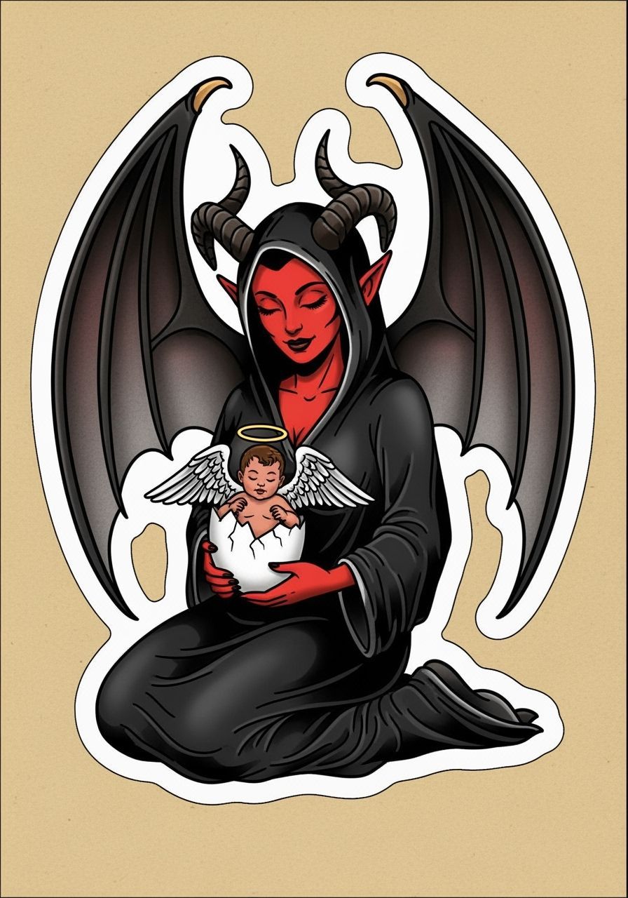 Demon with Angel Egg Tattoo Flash Art