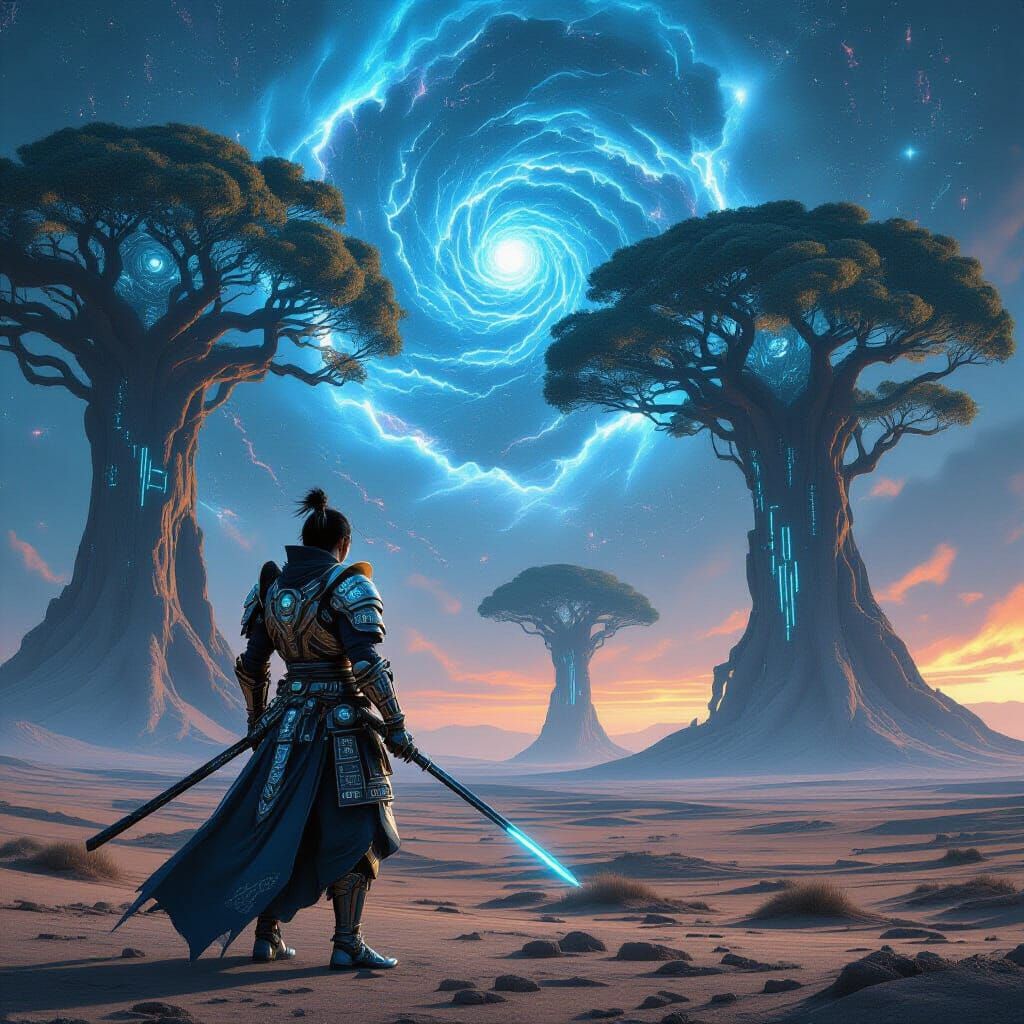 Samurai Warrior in Cyberpunk Biomechanical Landscape