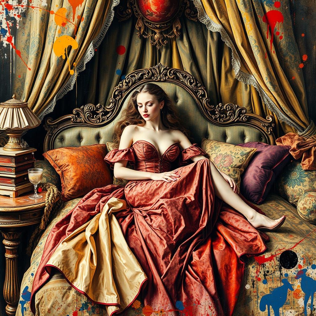 Elegant Woman in Ornate Chamber, Painterly Style