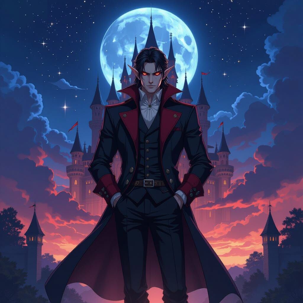 High Elf Vampire Noble Before His Castle in Anime Style