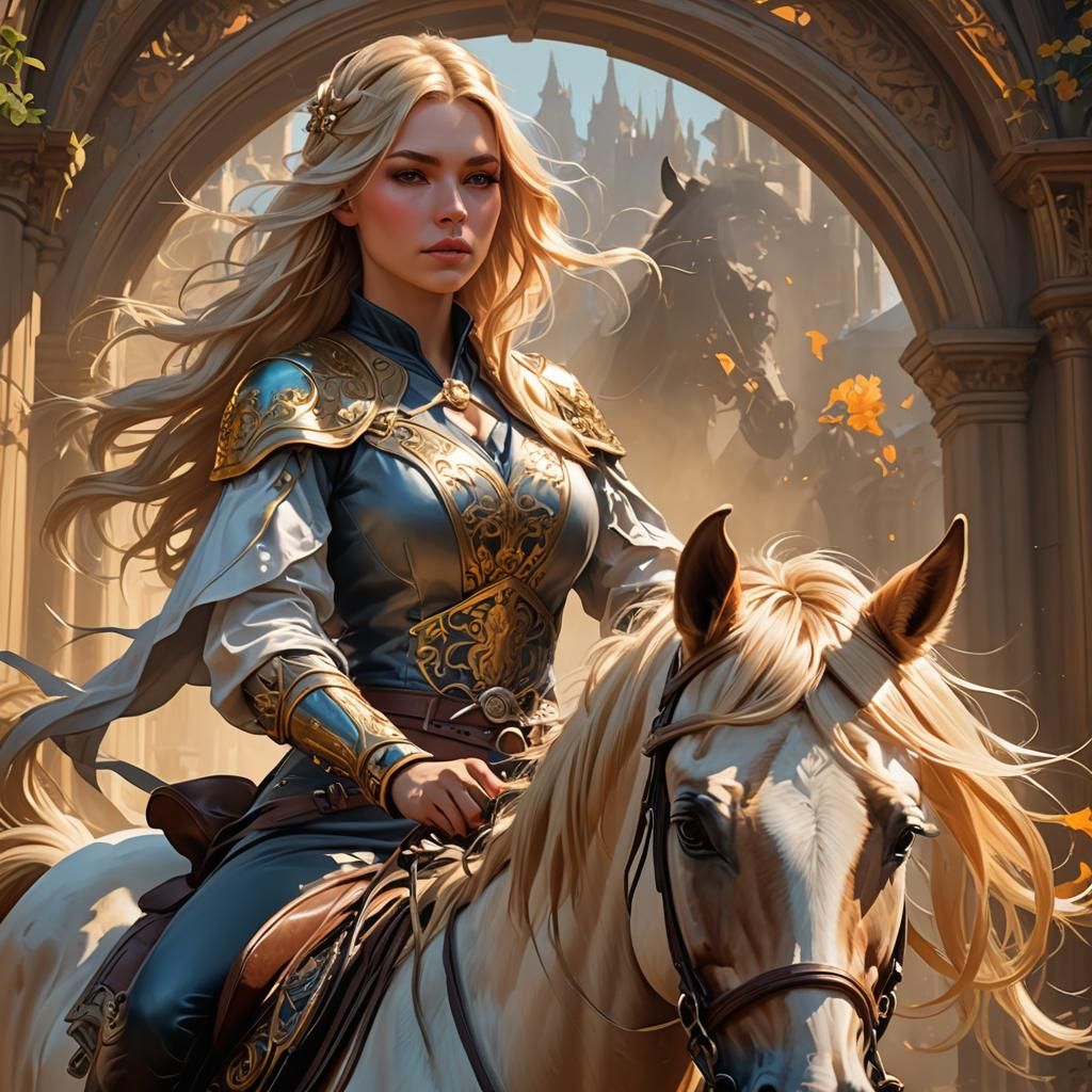 Blonde Girl on Horse: Hyperdetailed Art Portrait