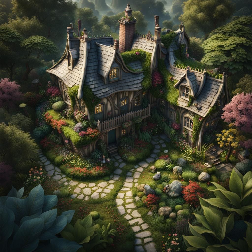 Crooked House and Chaotic Garden in Detailed Matte Painting