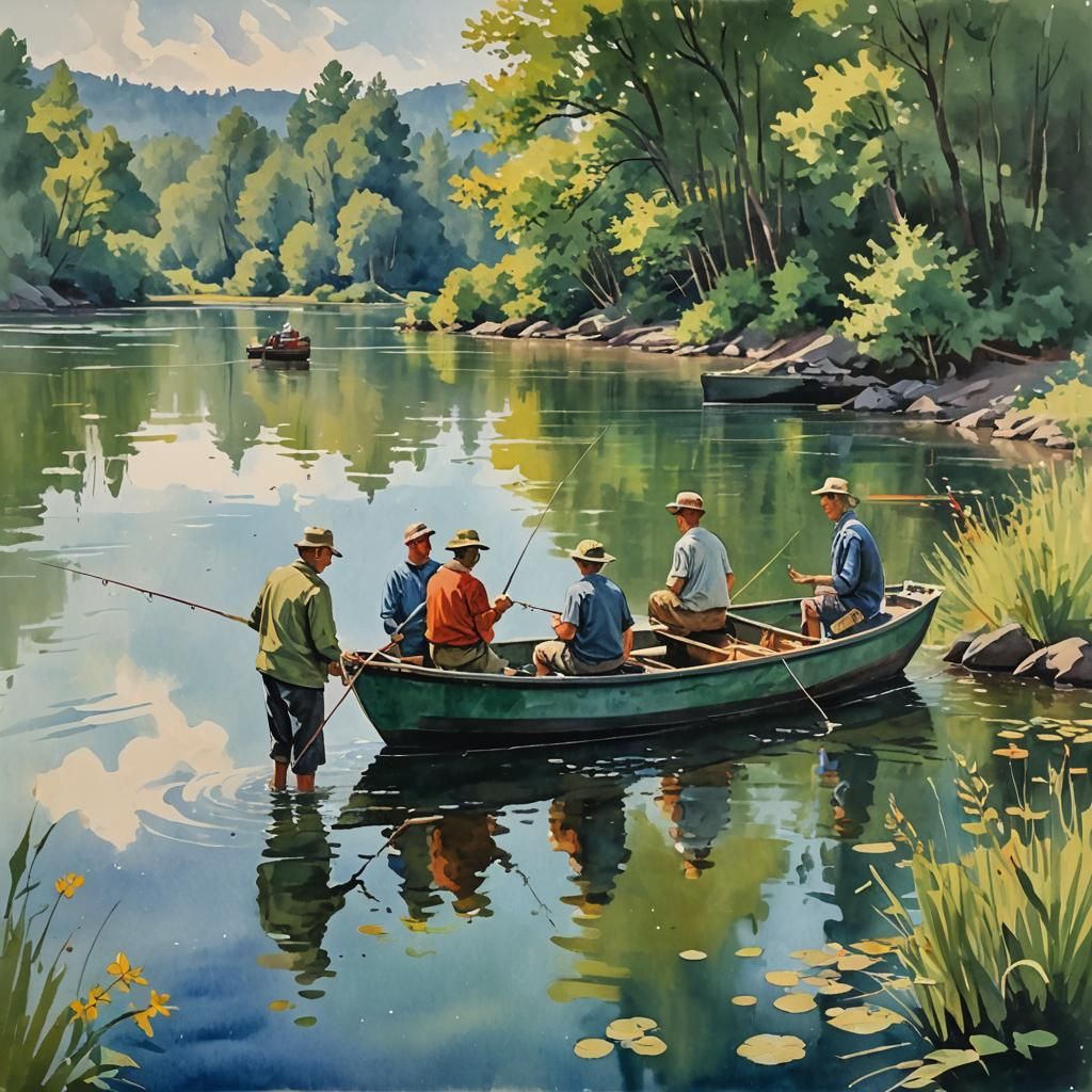 Fishing Trip in Gouache Style Impressionist Painting
