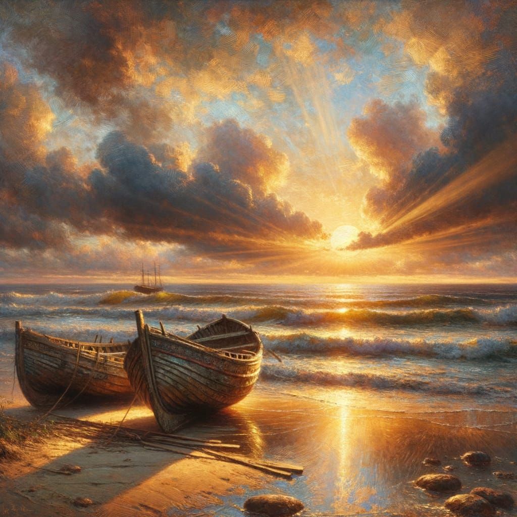 Impressionist Coastal Sunset with Weathered Boats