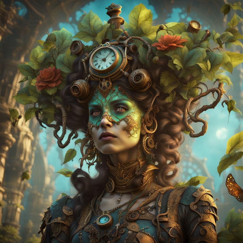 Harlequin Steampunk Dryad in Detailed Matte Painting