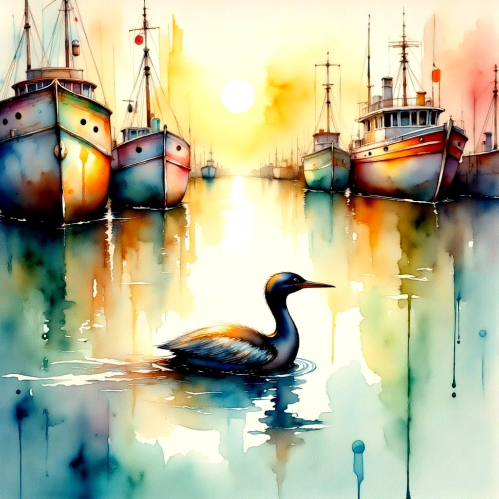 Serenity's Gentle Harbor Scene in Watercolor