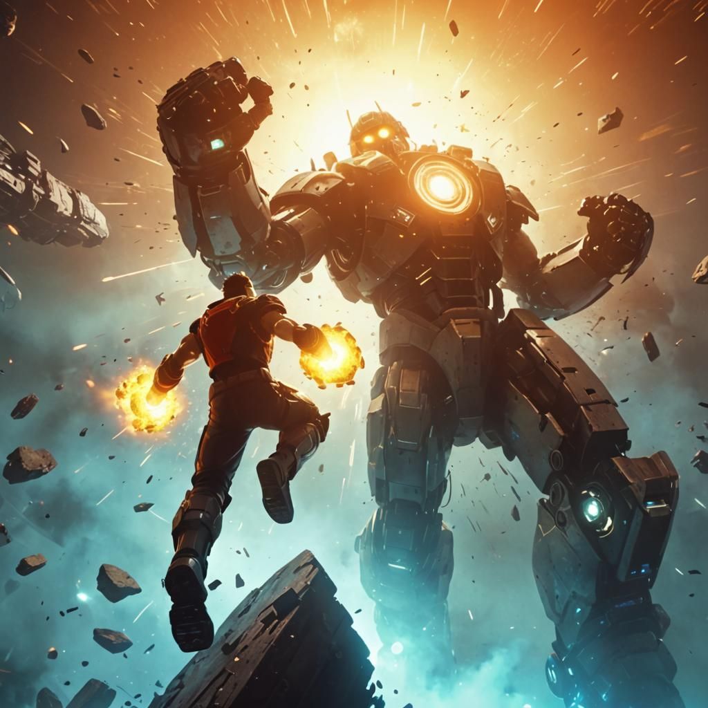 Dynamic Sci-Fi Warrior vs Robot Fight Scene