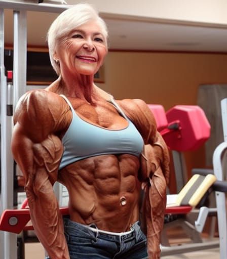 Muscular 85-Year-Old Female Bodybuilder Flexing Arm
