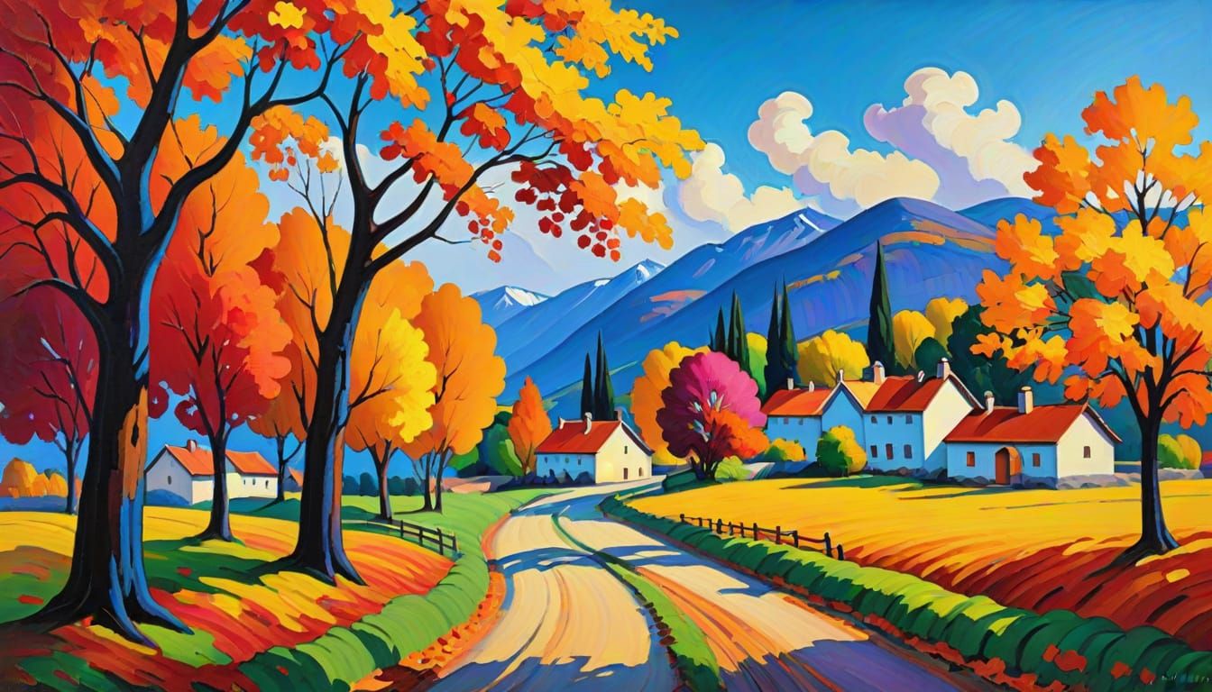 Fauvist Autumn Village Painting