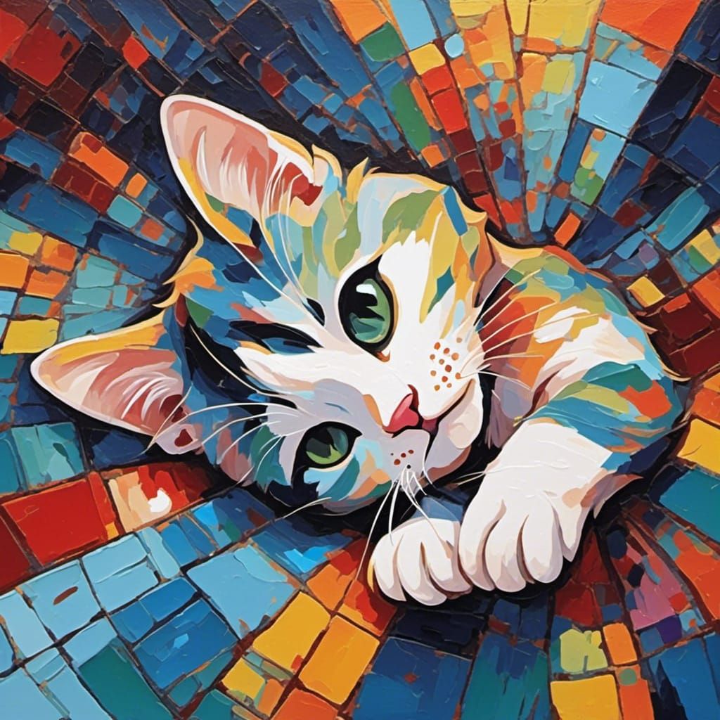 Abstract Kitten Napping: Cubist Oil Painting