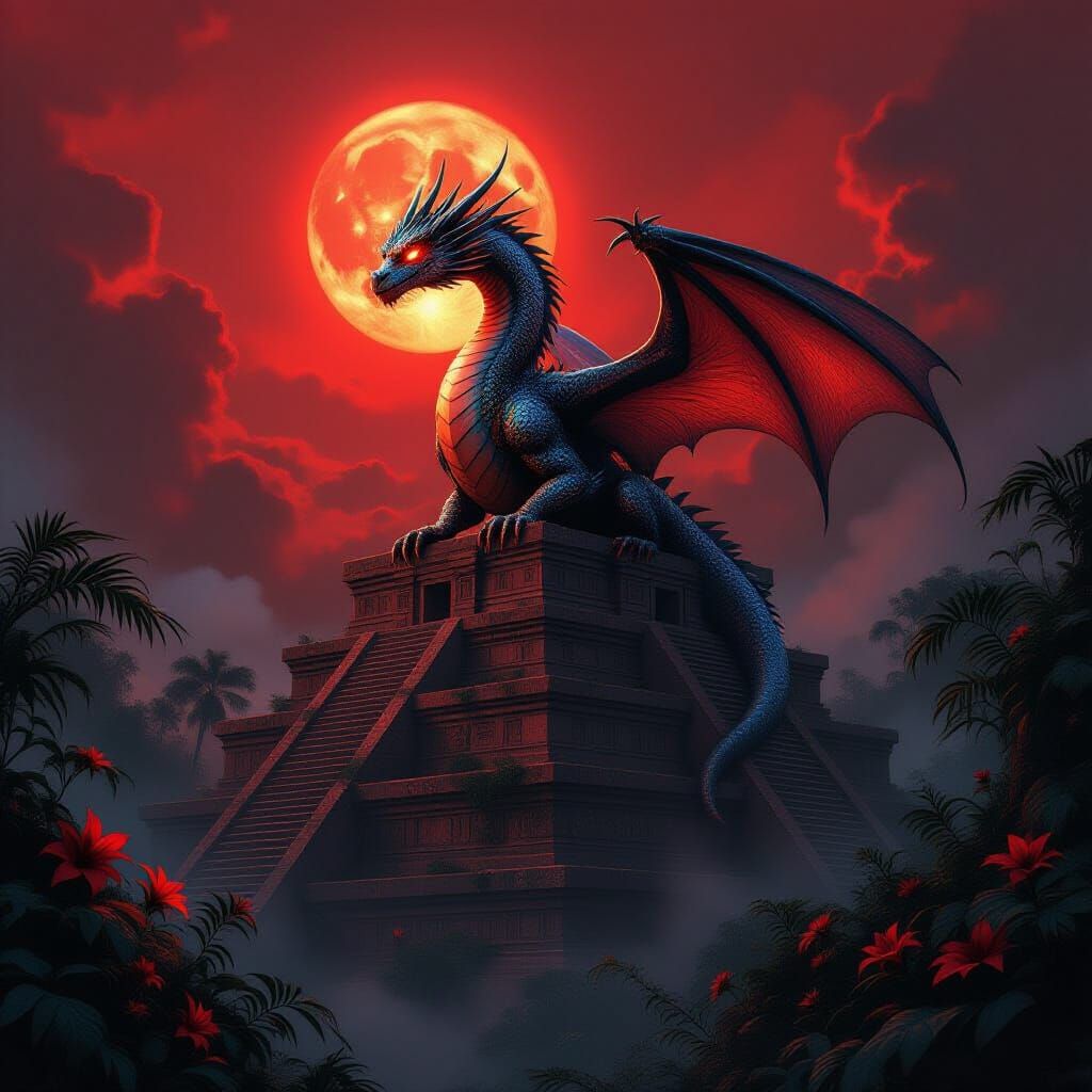Iridescent Dragon Perched Atop Jungle Ziggurat