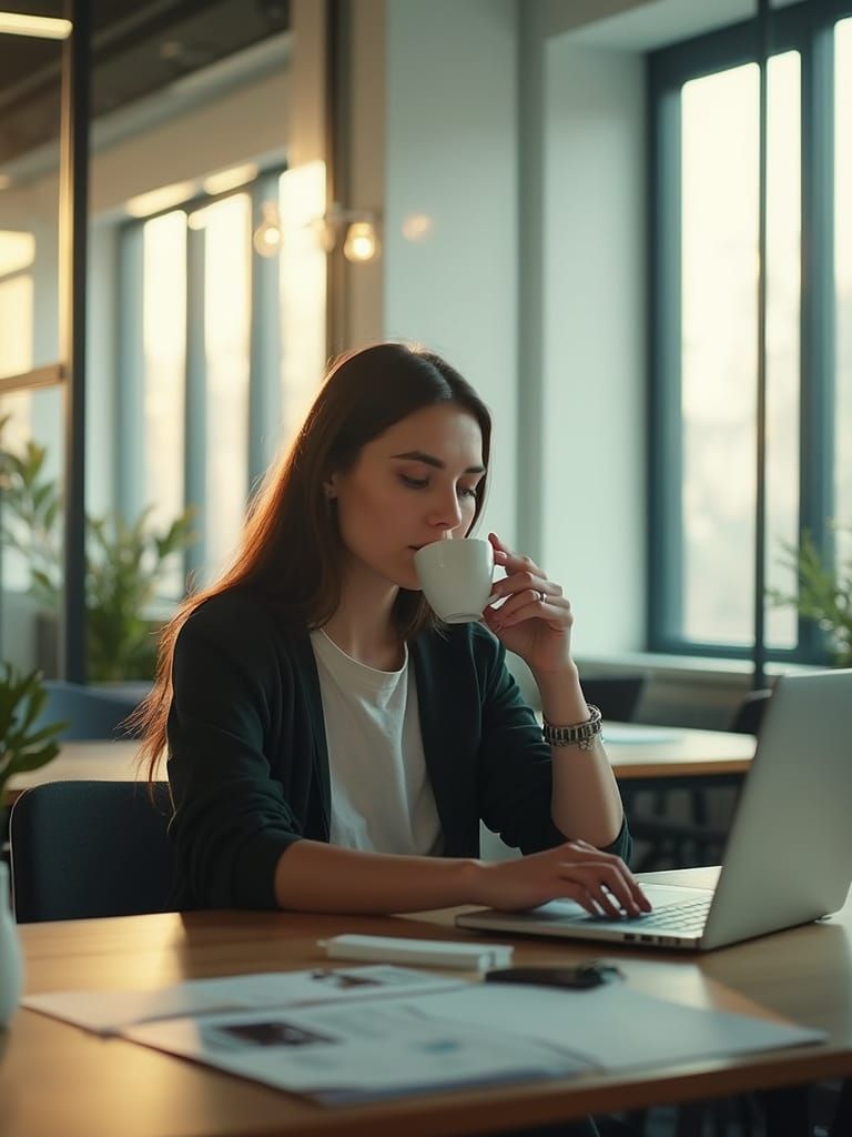 Woman in Modern Office: Cinematic Film Still