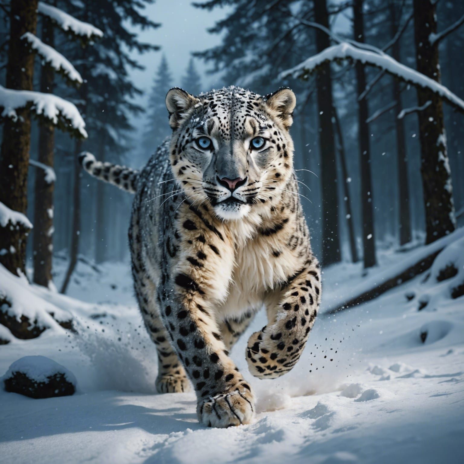 Snow Leopard Running in Snowy Forest at Night