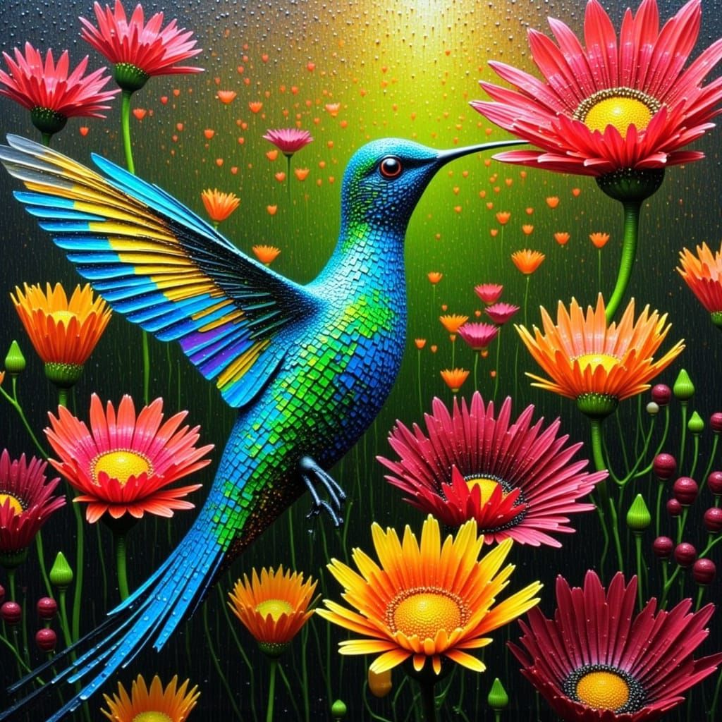 Hummingbird Sipping Nectar in Botanical Painting Style