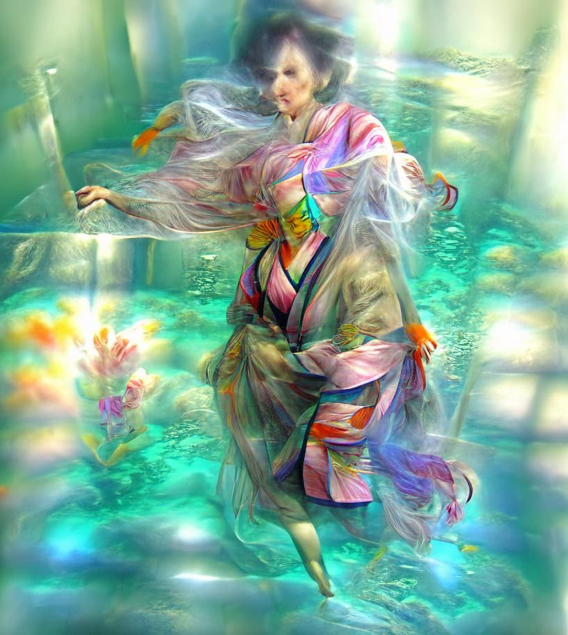Underwater Woman in Transparent Kimono with Sunlight