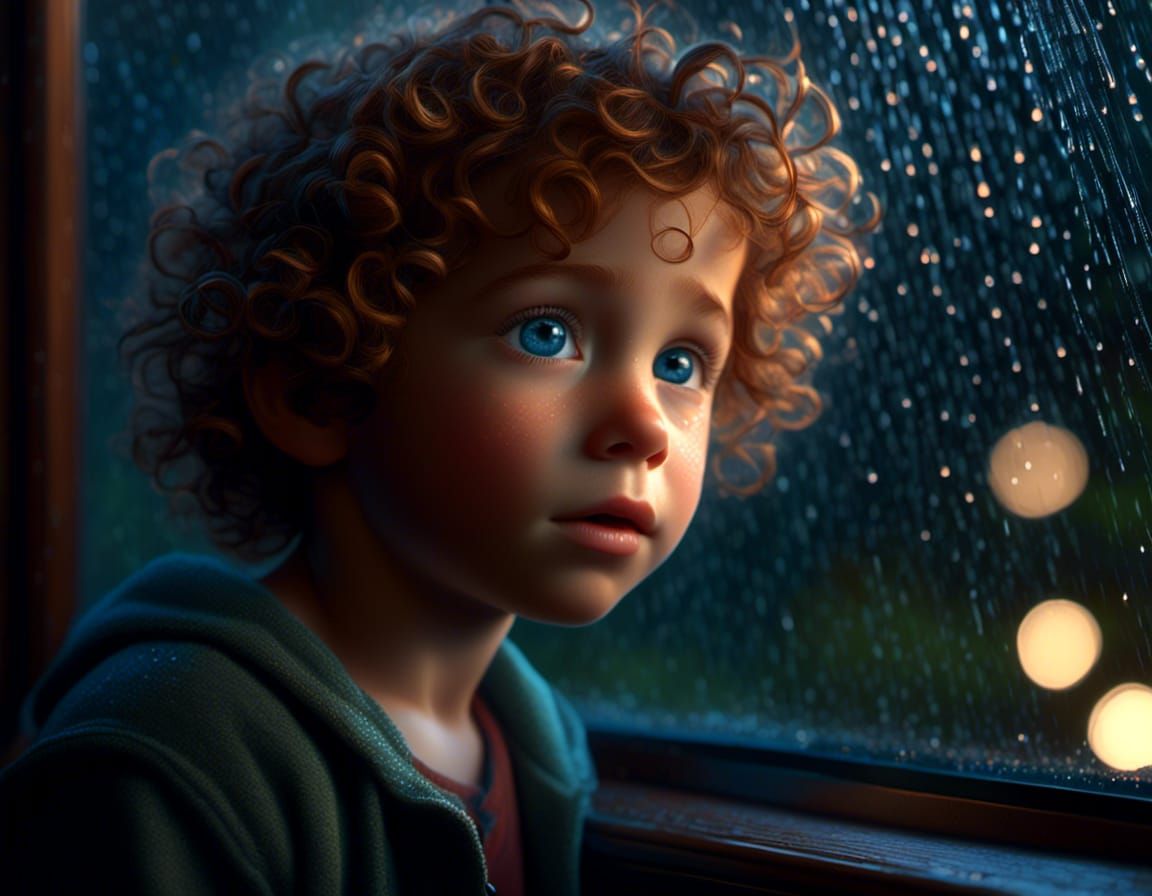 Adorable Boy in Rain, Pixar-Style 3D Render