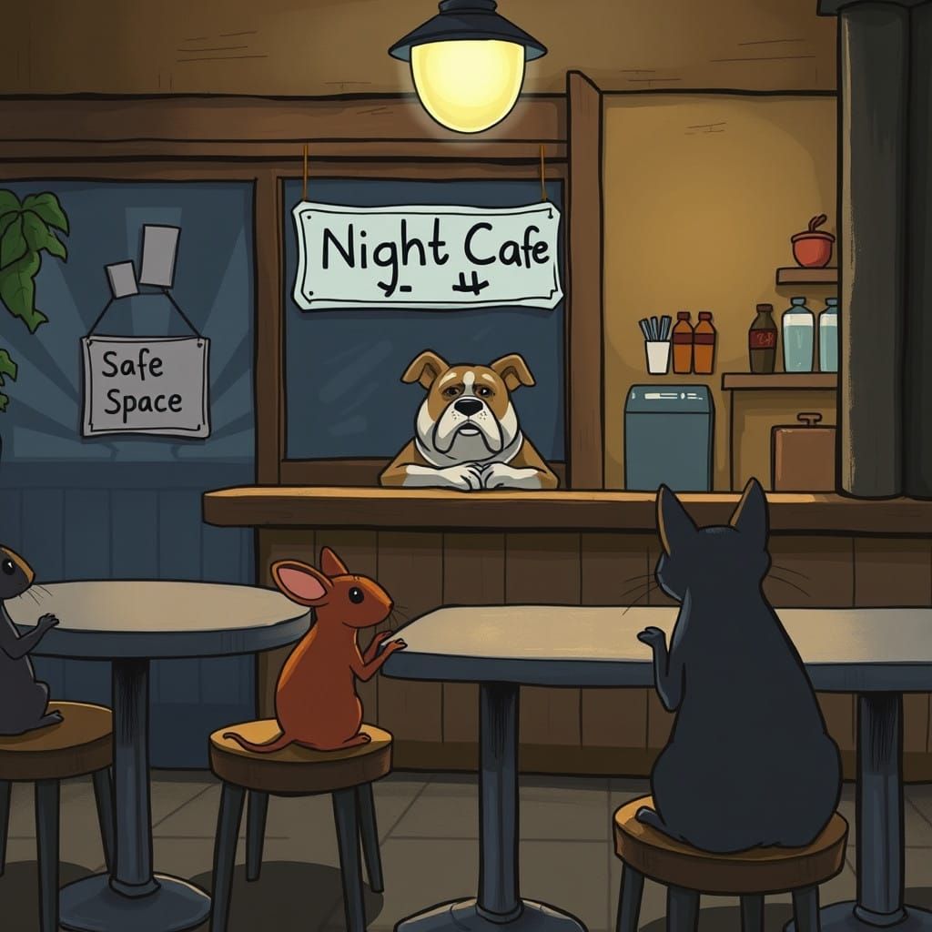 Whimsical Night Cafe Scene with Friendly Mice and Cats