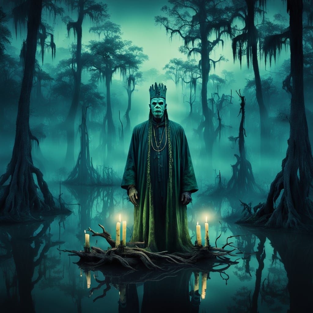 Eerie Bayou Scene in Dark Surrealism Style
