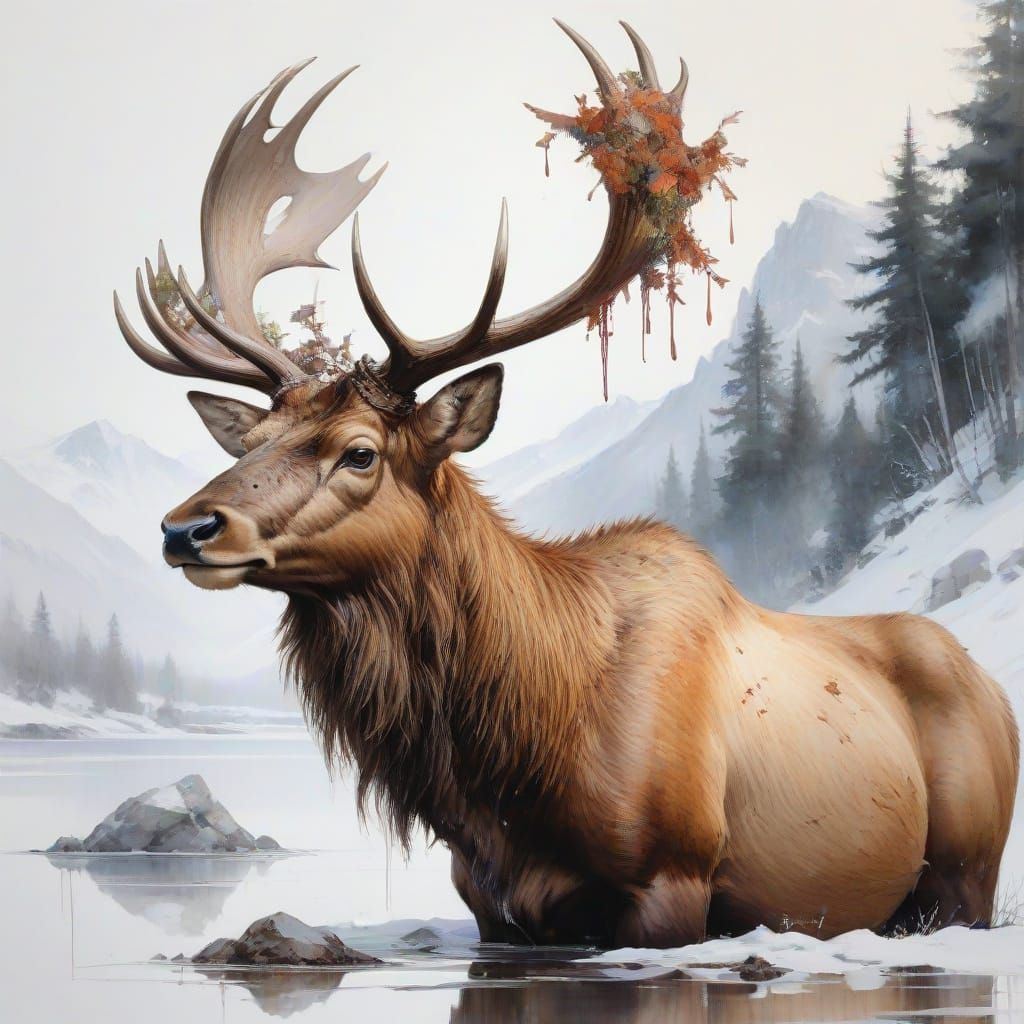 Enchanted Elk in Whimsical Alpine Landscape