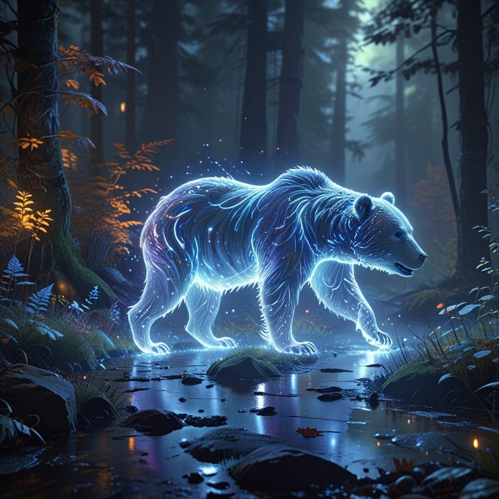 Ethereal Bear of Light: A Glowing Patronus in Misty Forest