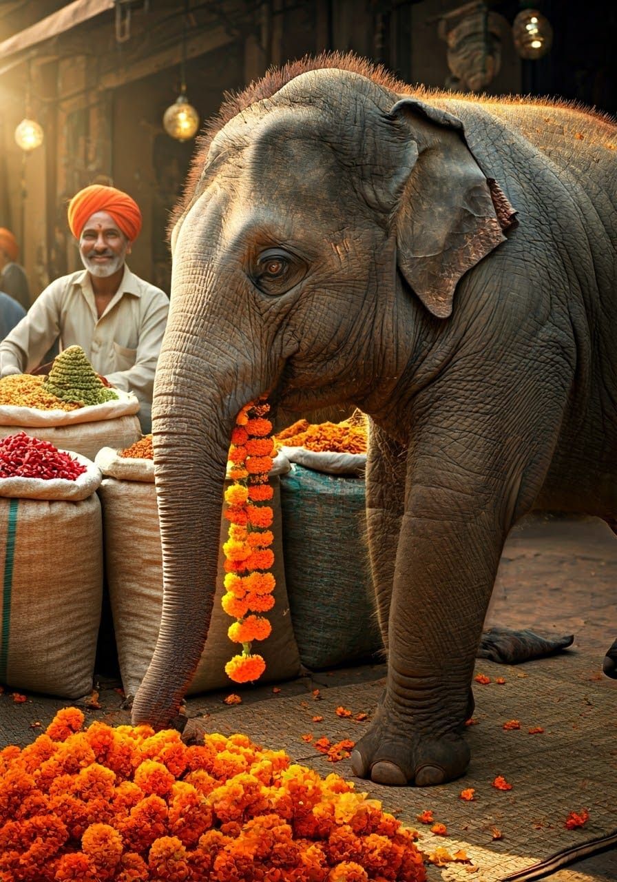 Elephant Amidst Vibrant Spice Market Garlands