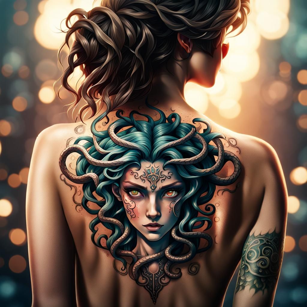 Medusa tattoo on her back