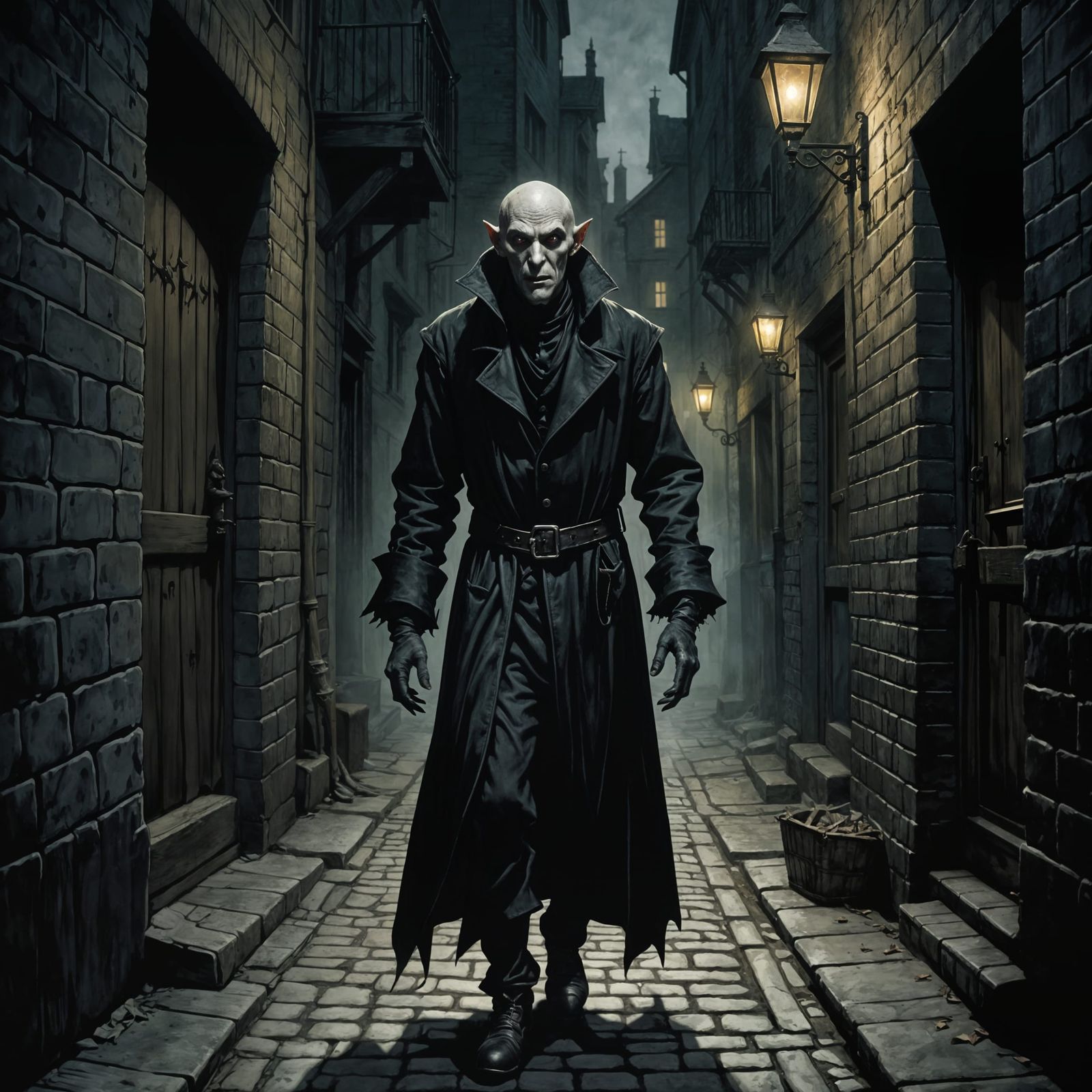 Nosferatu in Dark Alleyway, Sinister Chiaroscuro Art