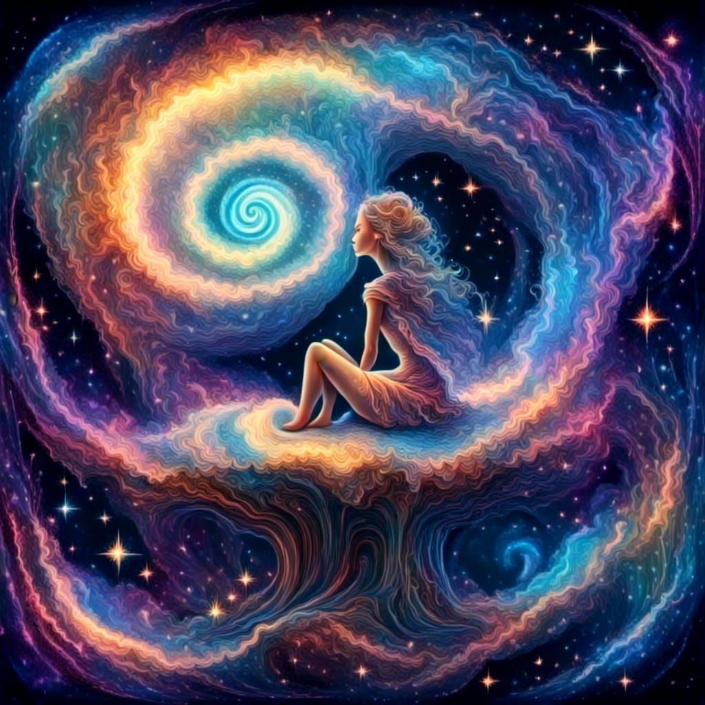 Fairy on Mushroom Under Cosmic Storm