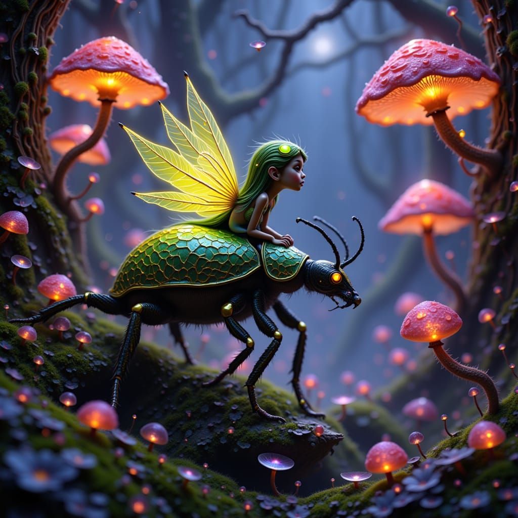 Sprite Rides Bioluminescent Beetle in Luminous Mushroom Fore...
