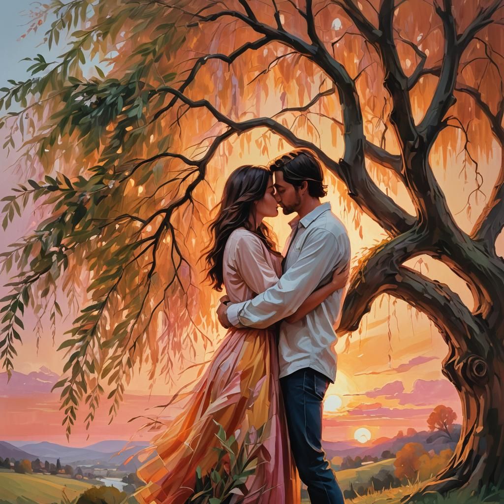 Lovers Kissing Under Weeping Willow in Oil Painting
