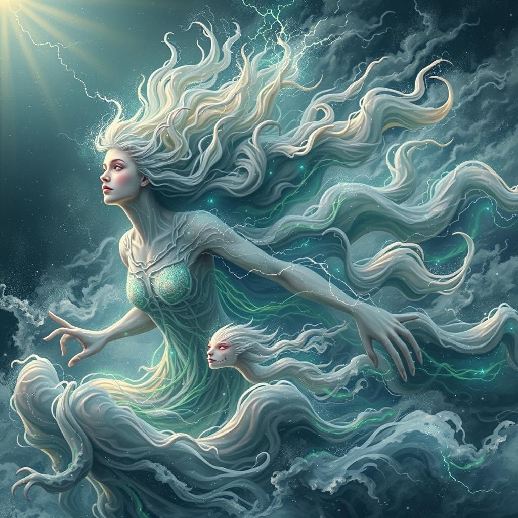 Ethereal Light Being Soaring Through Storm Clouds