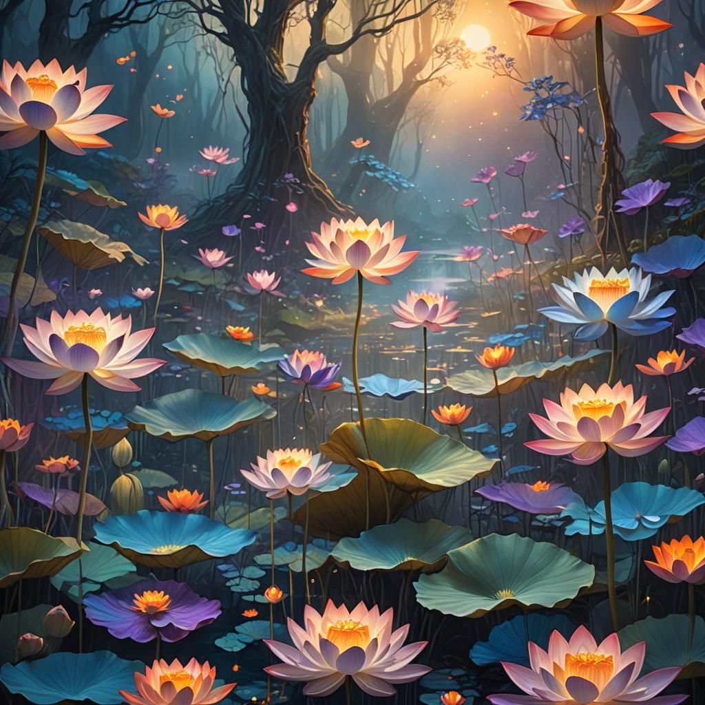 Glowing Lotus Blooms in Mystical Forest