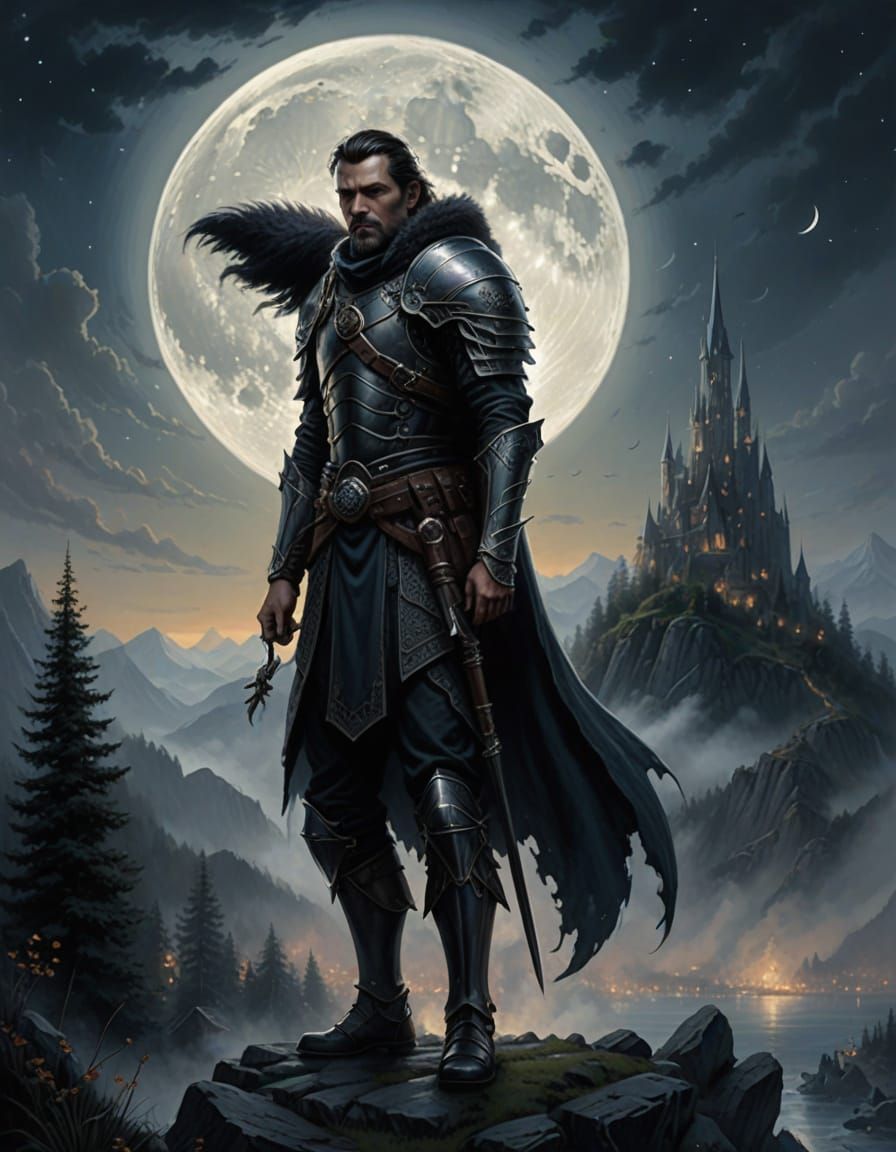 Grim Dark Fantasy Mercenary Under Silvery Moonlight