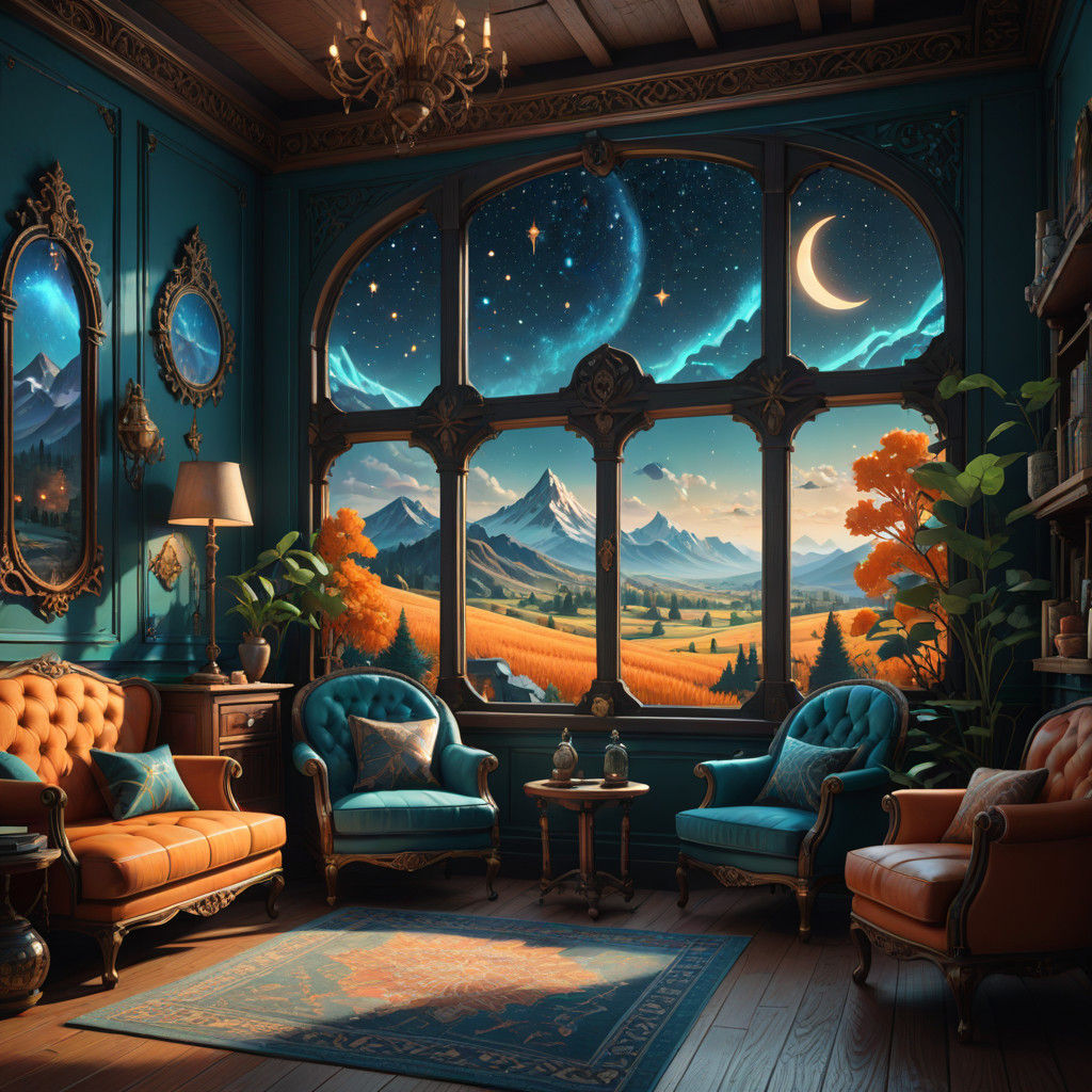 Surreal Cozy Living Room in Magical Atmosphere