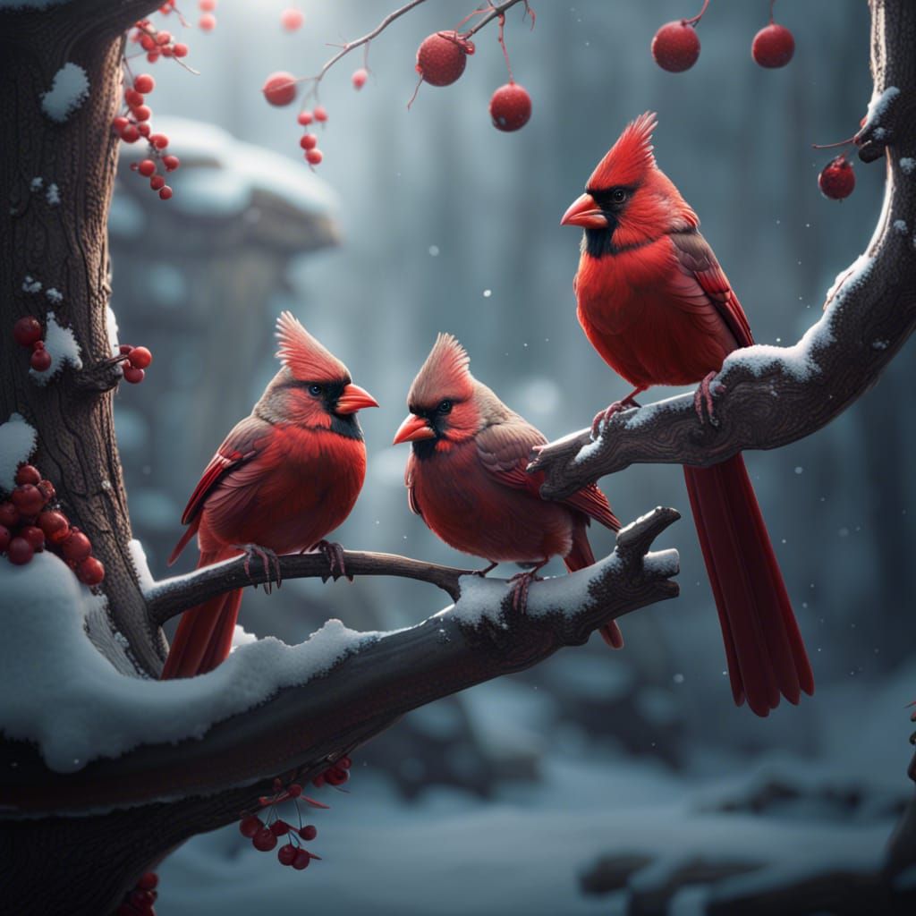Cardinals on Snowy Branch: Detailed Matte Painting