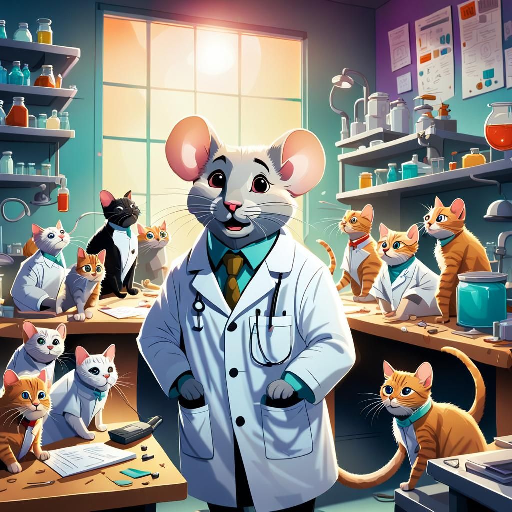 Cartoon Mouse Oversees Cats in Lab, Cartoon Illustration