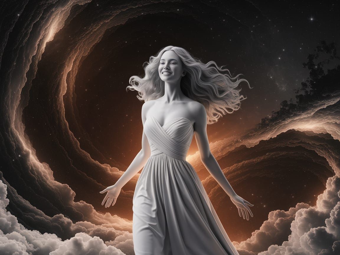 Surreal Woman in Ethereal Cosmos with Swirling Galaxies
