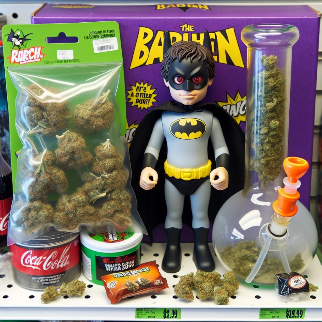 Cartoon Superhero Figurine with Weed Accessories