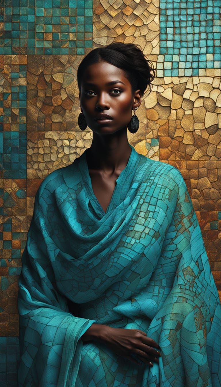 Surreal Portrait with Turquoise Tiles in Digital Art Style