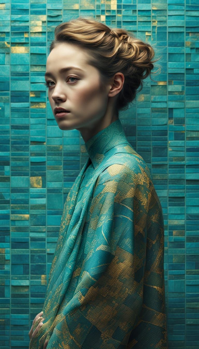 Glitchy Surreal Portrait with Spirals and Iznik Tiles