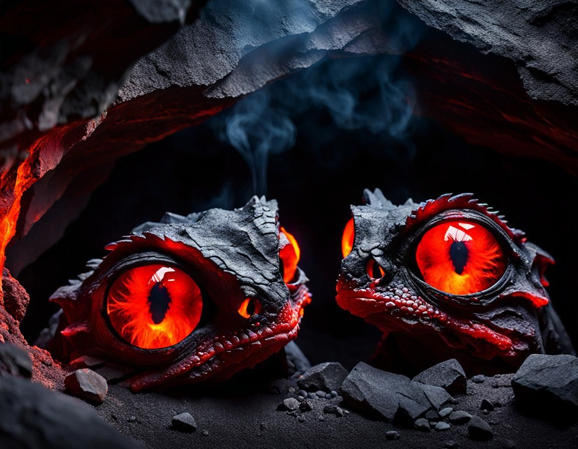Fiery Red Eyes in Smoky Cave: 8K Photography