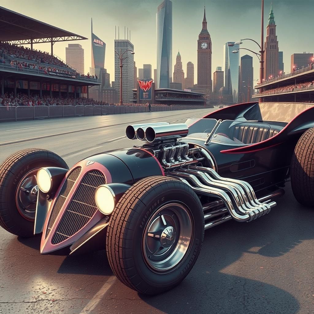 Retro Hot Rod Batmobile in Gotham Night
