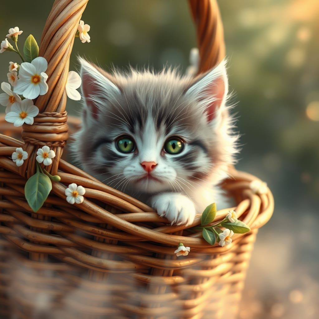 Whimsical Kitten in a Dreamy Wicker Basket
