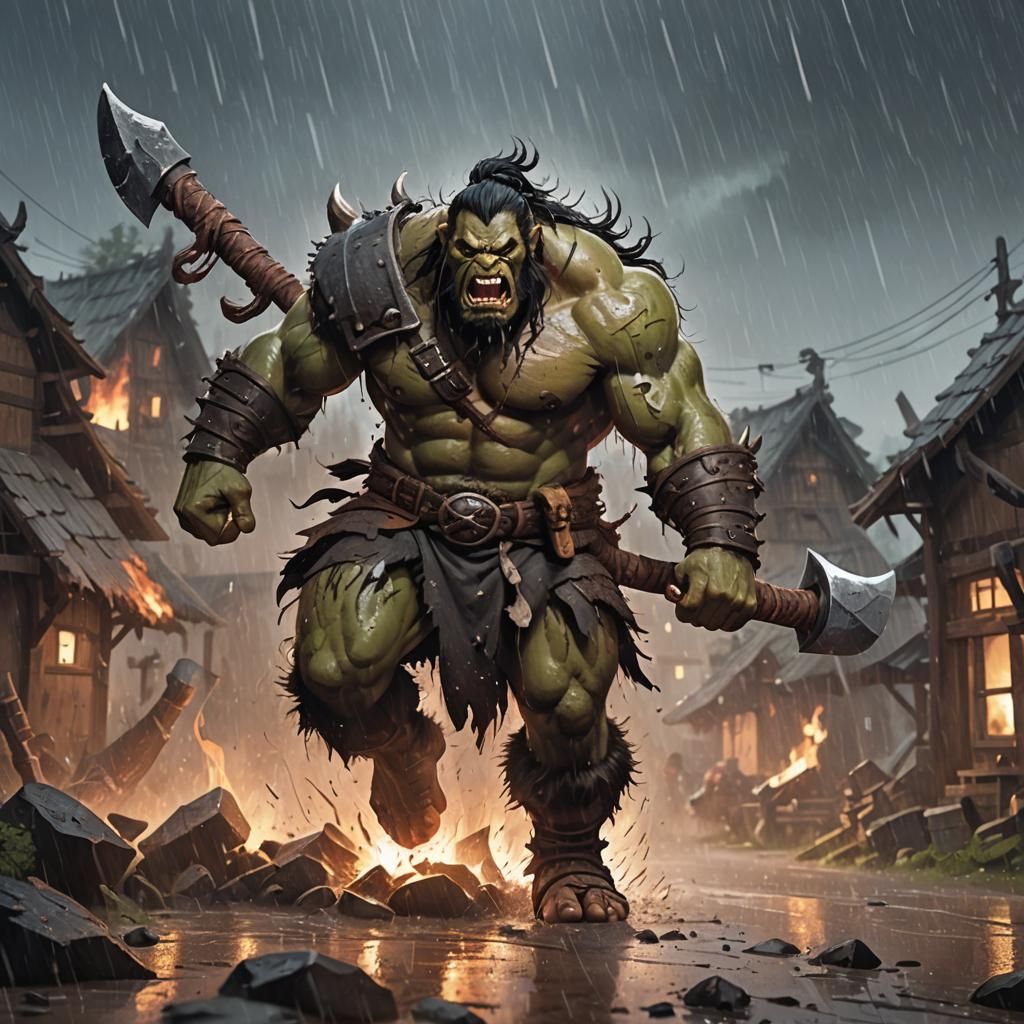 Berserker in Burning Village: Cinematic Anime Art