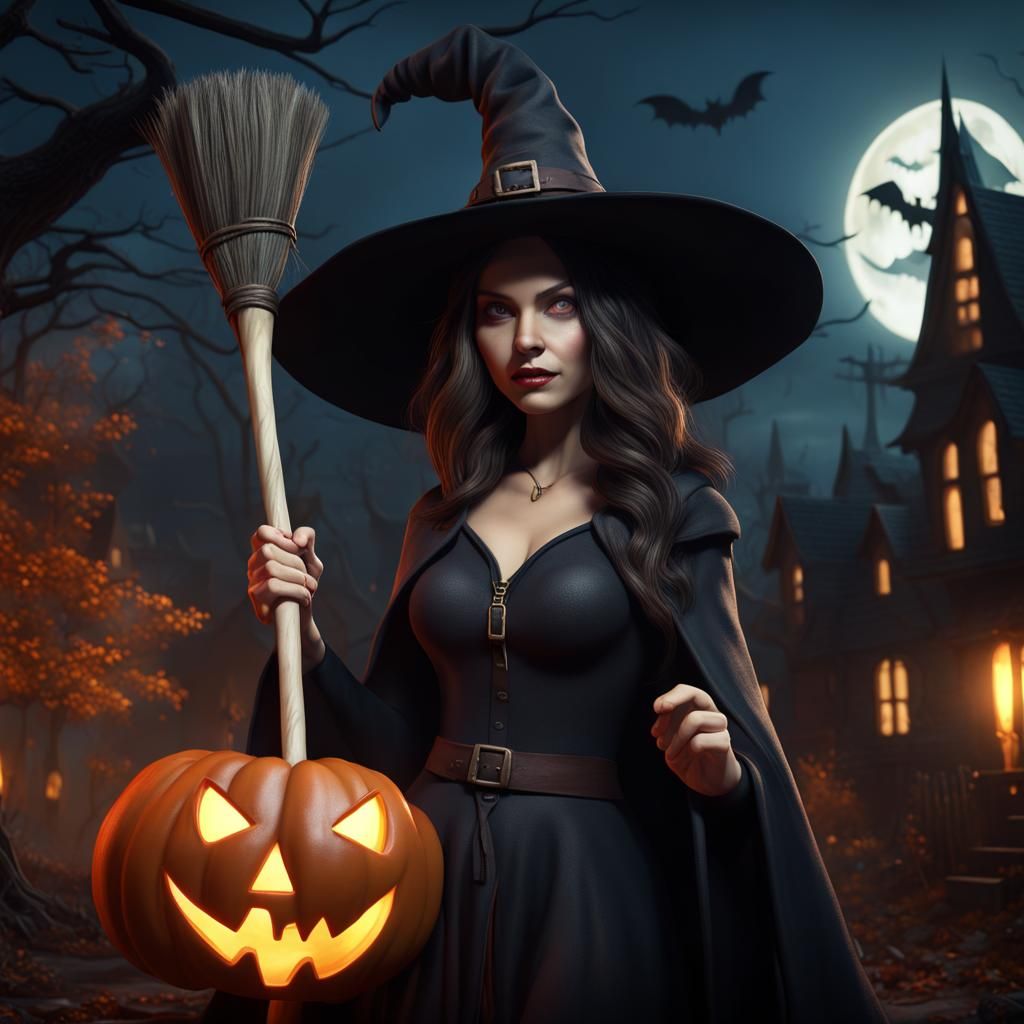Halloween Witch with Broom in Detailed Digital Painting