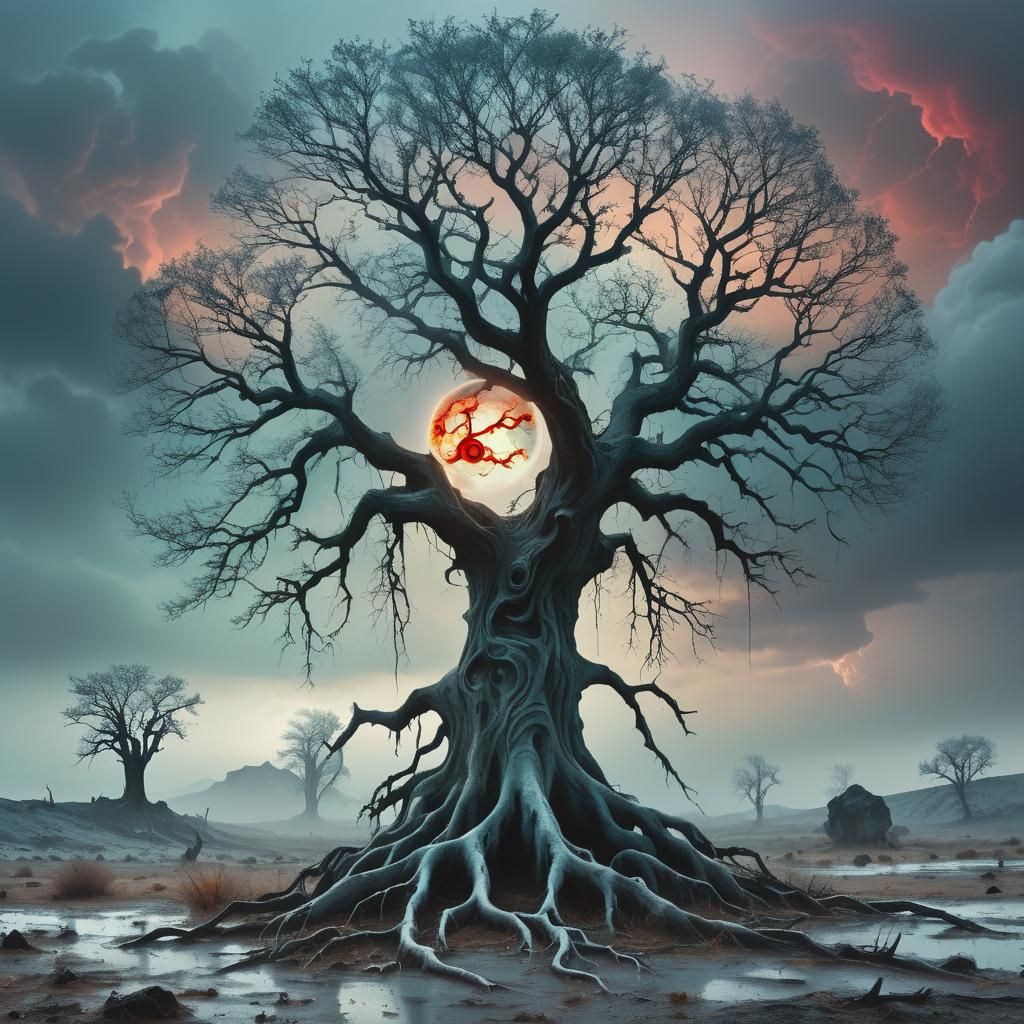 Eerie Dystopian Landscape with Ancestral Spirits