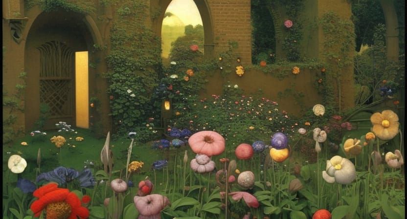 Fantasy Garden with Gothic Archways in Dreamlike Style